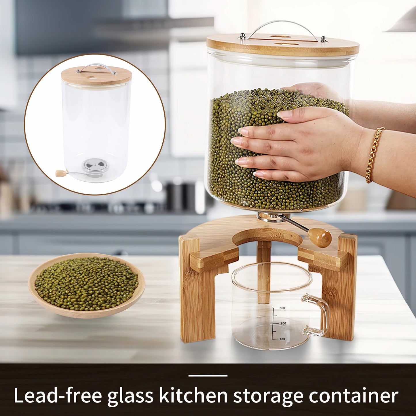 Glass Cereal & Rice Dispenser with Wooden Stand | Countertop Food Storage