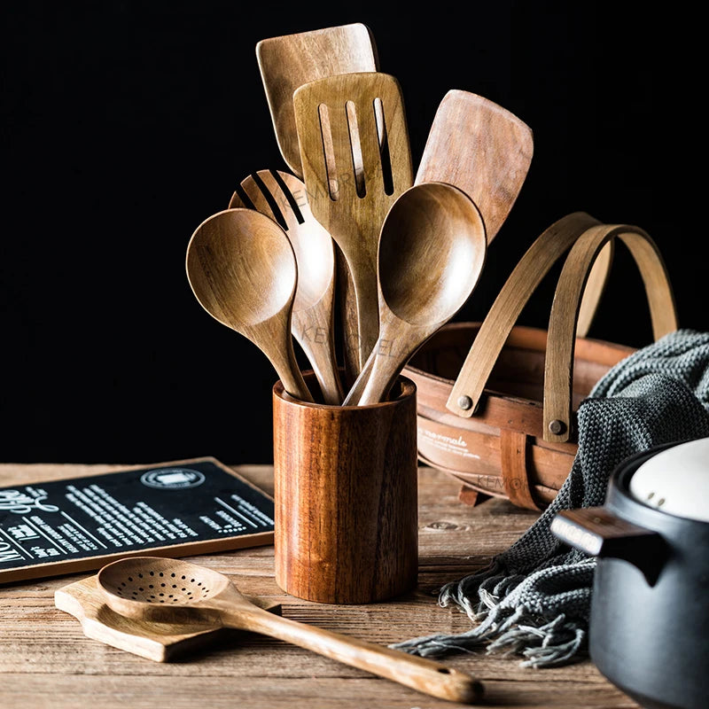 9-Piece Wooden Cooking Utensil Set with Holder – Teak Kitchen Spoons & Tools