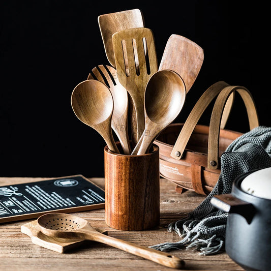 9-Piece Wooden Cooking Utensil Set with Holder – Teak Kitchen Spoons & Tools