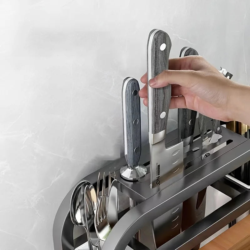 Stainless Steel Knife Holder with Cutting Board Rack – Kitchen Countertop Organizer