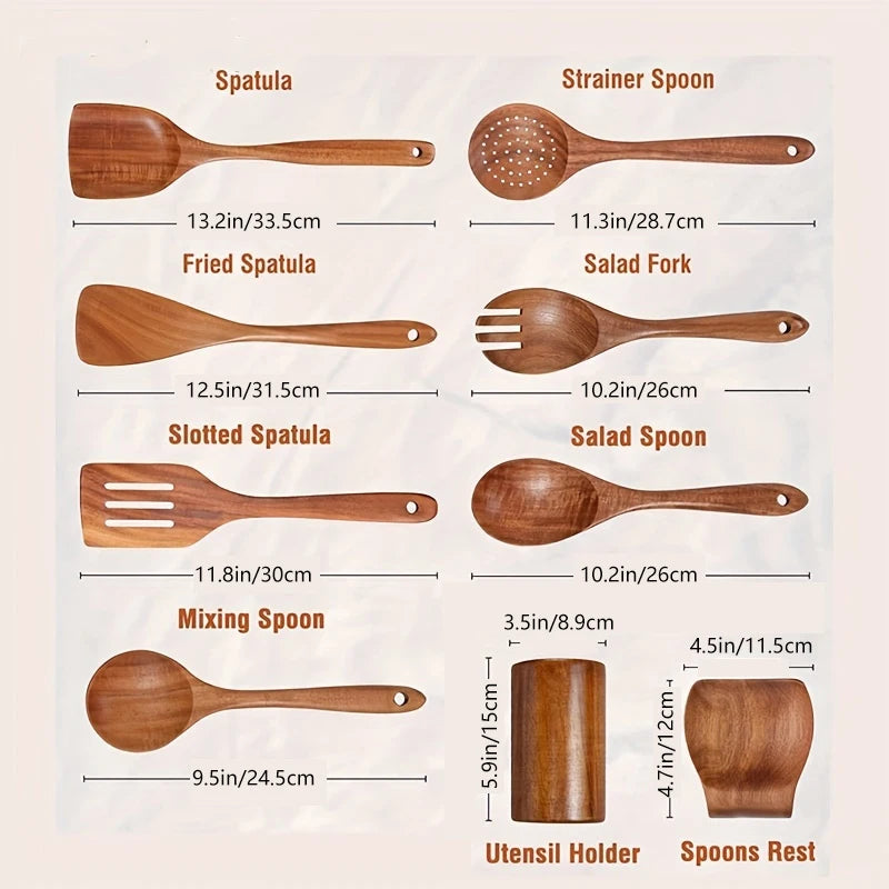9-Piece Wooden Cooking Utensil Set with Holder – Teak Kitchen Spoons & Tools