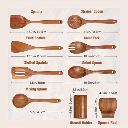 9-Piece Wooden Cooking Utensil Set with Holder – Teak Kitchen Spoons & Tools