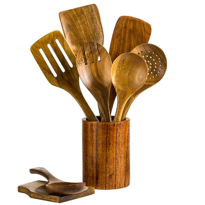 9-Piece Wooden Cooking Utensil Set with Holder – Teak Kitchen Spoons & Tools