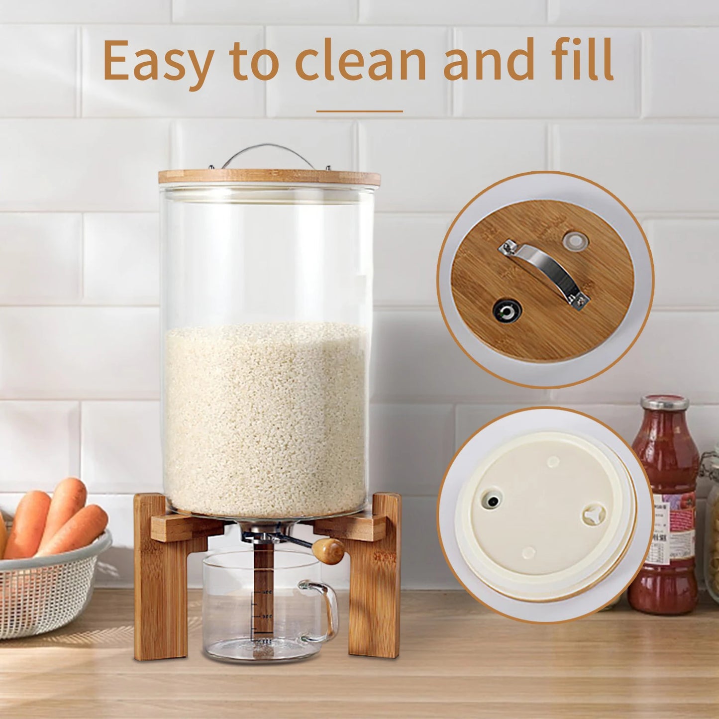 Glass Cereal & Rice Dispenser with Wooden Stand | Countertop Food Storage