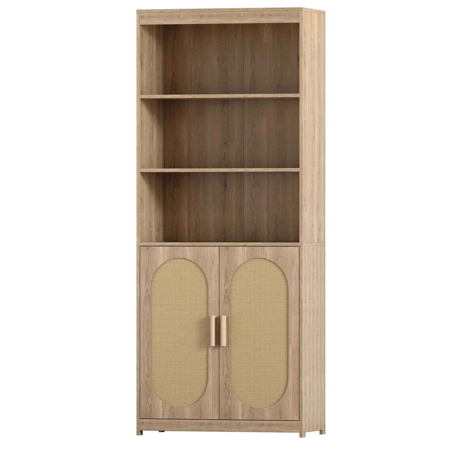 Tall Rattan Bookshelf with Cabinet | Modern Wooden Bookcase