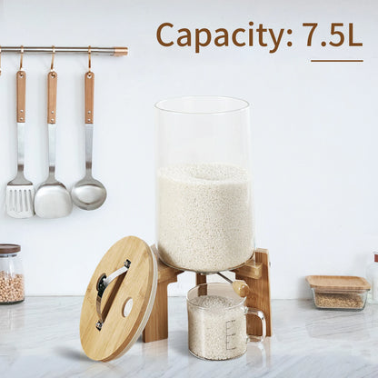 Glass Cereal & Rice Dispenser with Wooden Stand | Countertop Food Storage