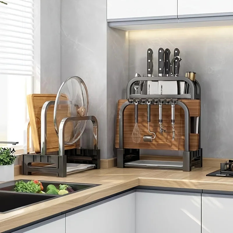 Stainless Steel Knife Holder with Cutting Board Rack – Kitchen Countertop Organizer
