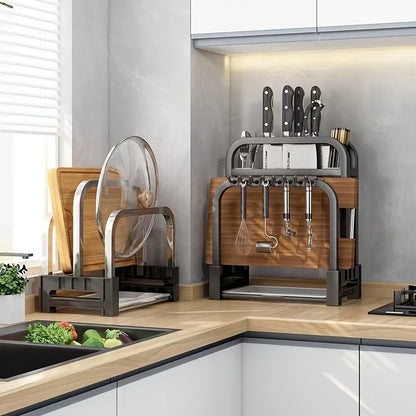 Stainless Steel Knife Holder with Cutting Board Rack – Kitchen Countertop Organizer