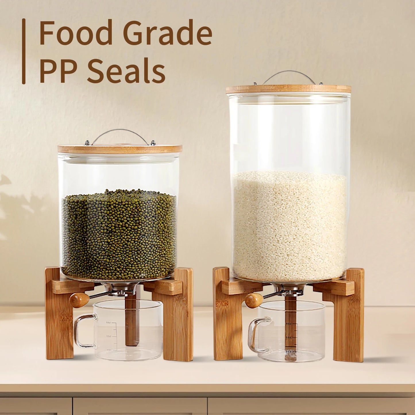 Glass Cereal & Rice Dispenser with Wooden Stand | Countertop Food Storage