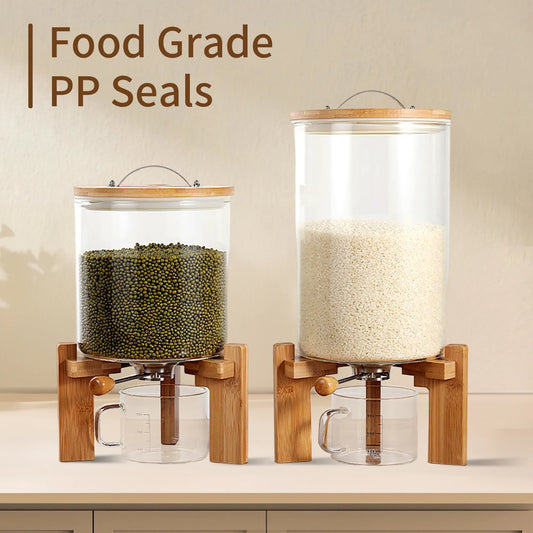 Glass Cereal & Rice Dispenser with Wooden Stand | Countertop Food Storage