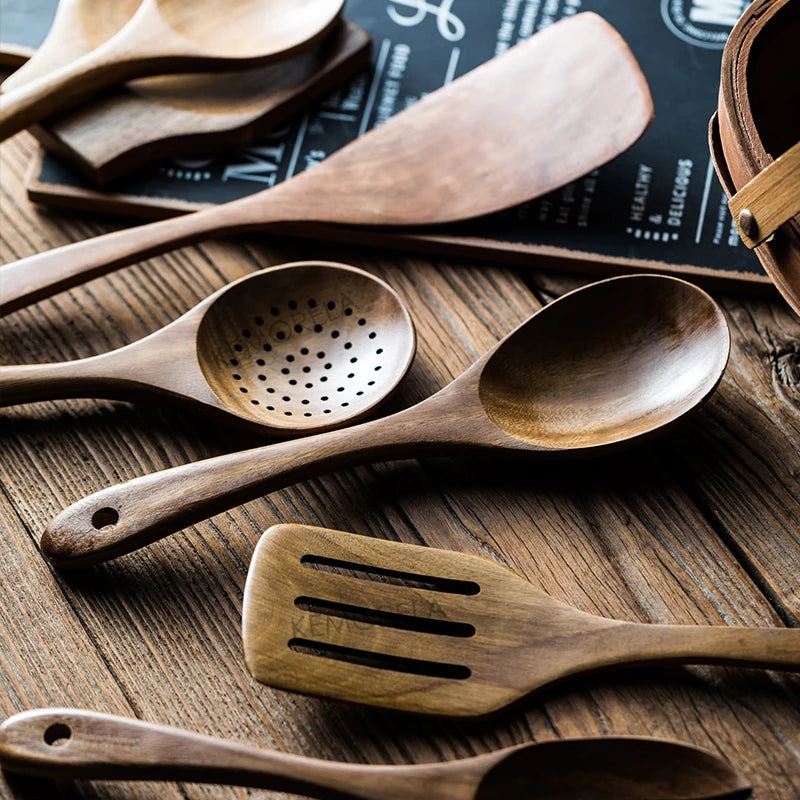 9-Piece Wooden Cooking Utensil Set with Holder – Teak Kitchen Spoons & Tools