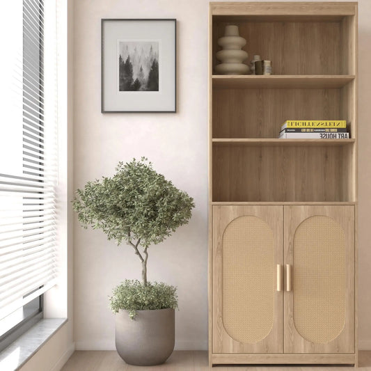 Tall Rattan Bookshelf with Cabinet | Modern Wooden Bookcase