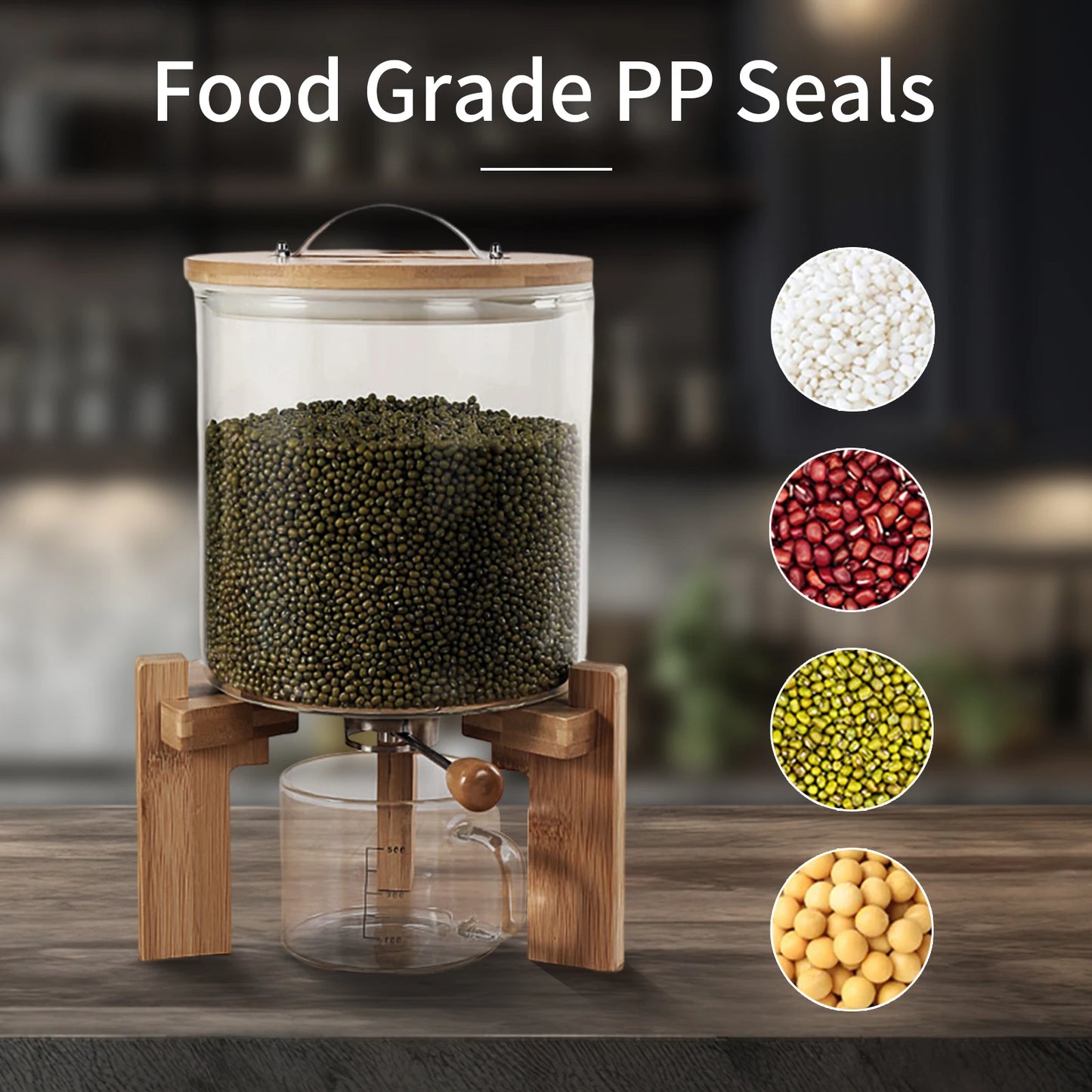 Glass Cereal & Rice Dispenser with Wooden Stand | Countertop Food Storage