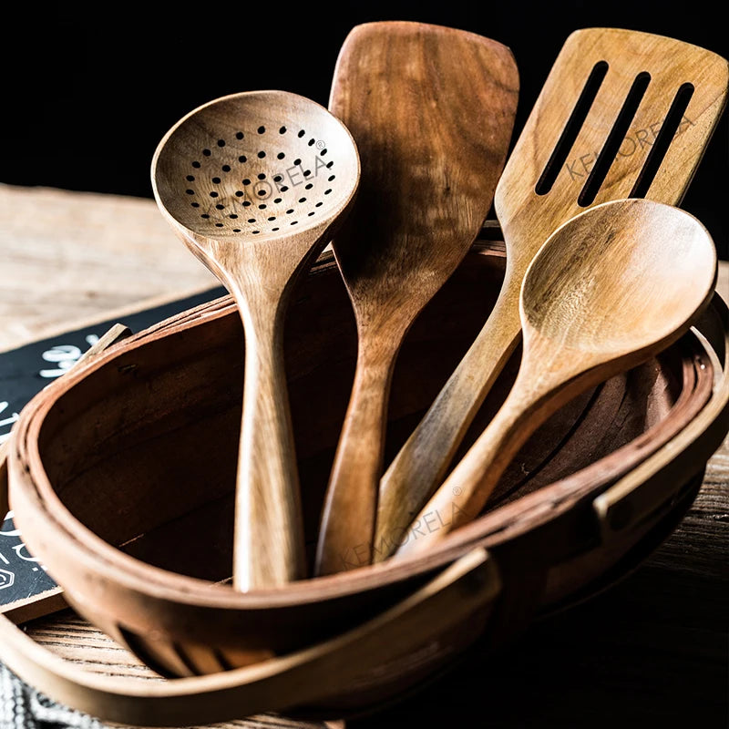 9-Piece Wooden Cooking Utensil Set with Holder – Teak Kitchen Spoons & Tools