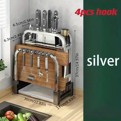 Stainless Steel Knife Holder with Cutting Board Rack – Kitchen Countertop Organizer
