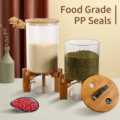 Glass Cereal & Rice Dispenser with Wooden Stand | Countertop Food Storage
