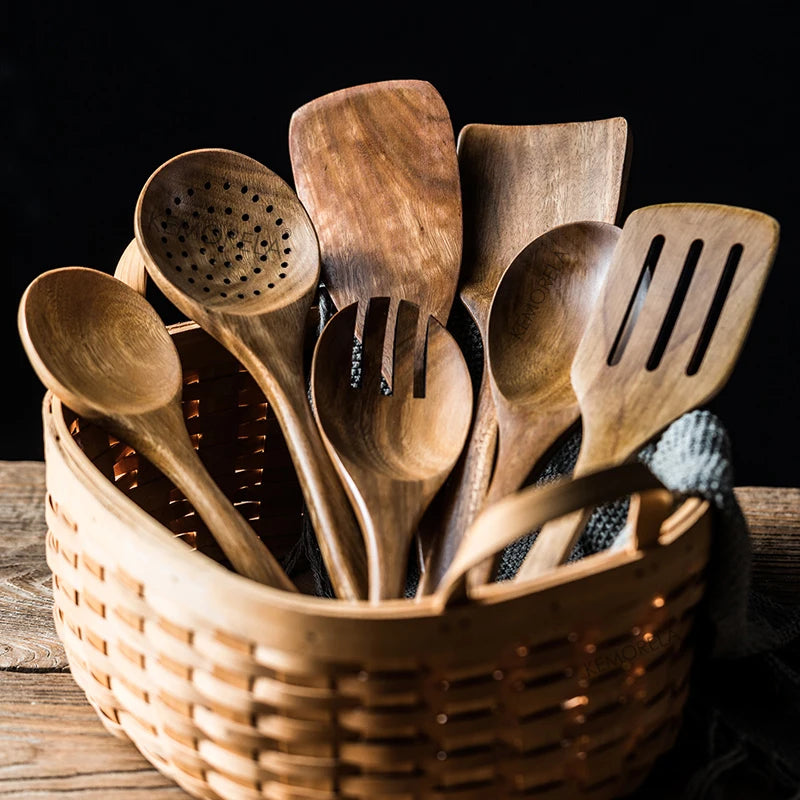 9-Piece Wooden Cooking Utensil Set with Holder – Teak Kitchen Spoons & Tools