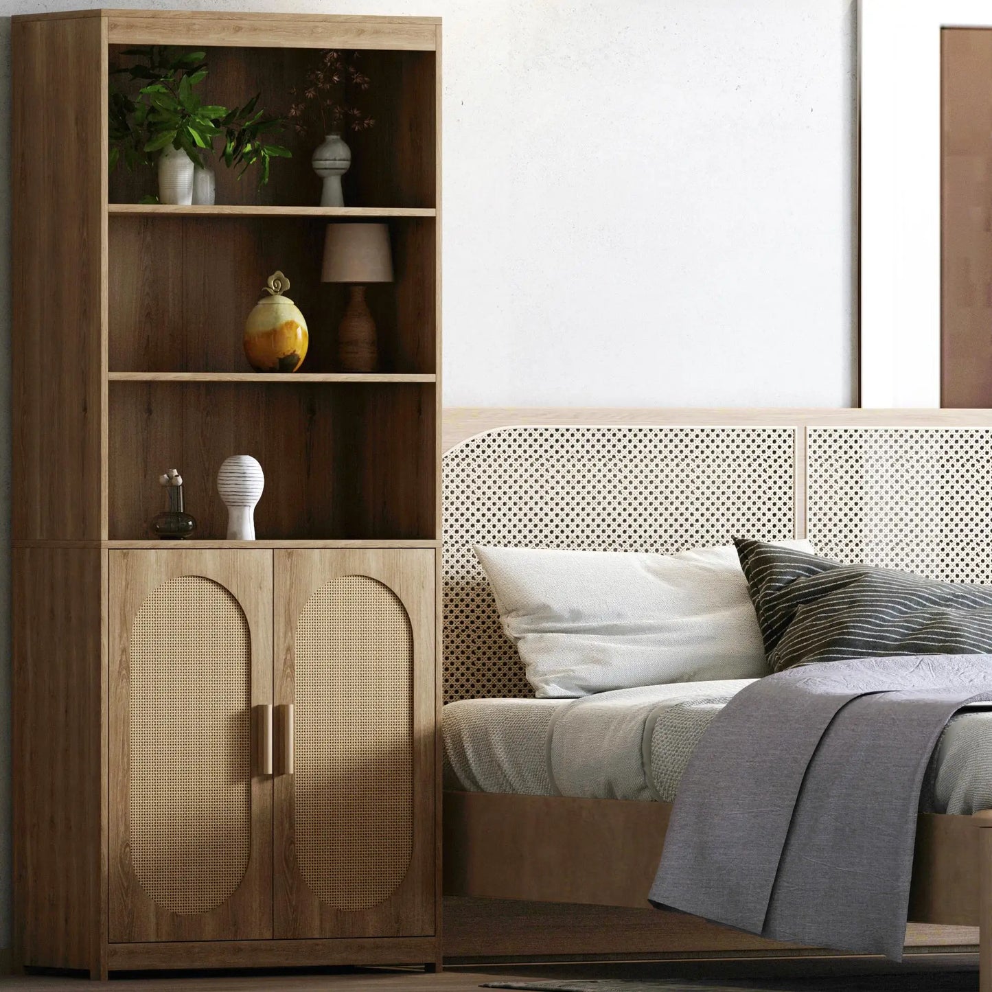 Tall Rattan Bookshelf with Cabinet | Modern Wooden Bookcase