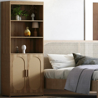 Tall Rattan Bookshelf with Cabinet | Modern Wooden Bookcase