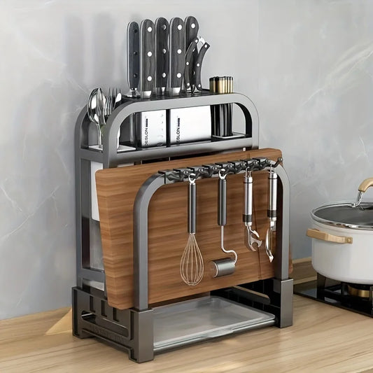 Stainless Steel Knife Holder with Cutting Board Rack – Kitchen Countertop Organizer