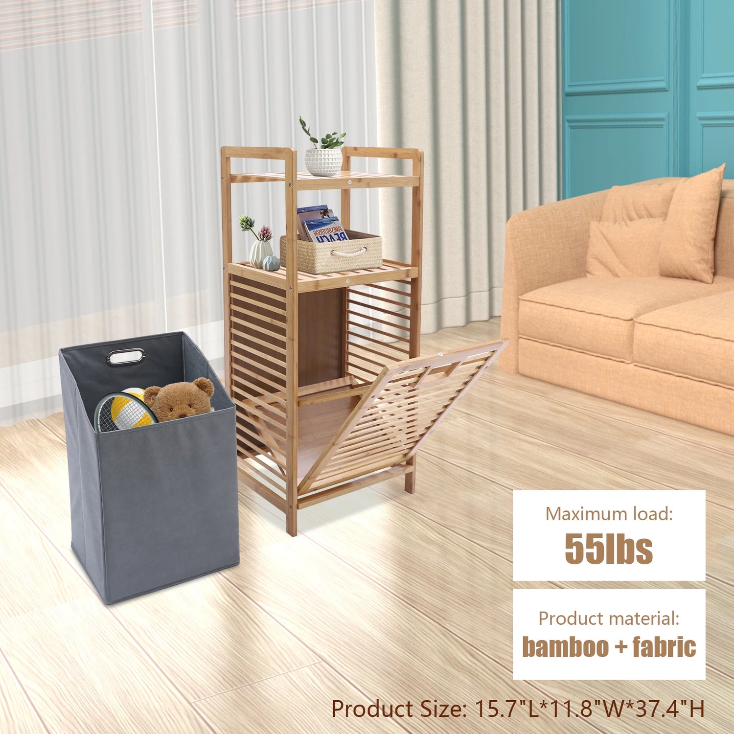 Bamboo laundry hamper with shelves and a tilt-out basket